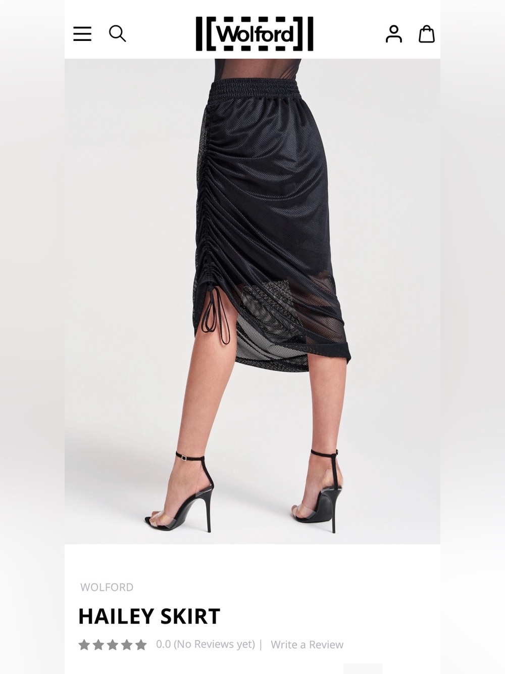 Wolford Black Ruched Mesh Midi Skirt with Side Drawstring